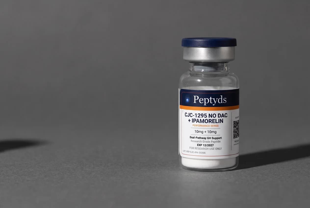 10 mg + 10 mg vial lyophilised vial of CJC-1295 No DAC + Ipamorelin, ISO/IEC 17025 lab-verified, Peptyds packaging