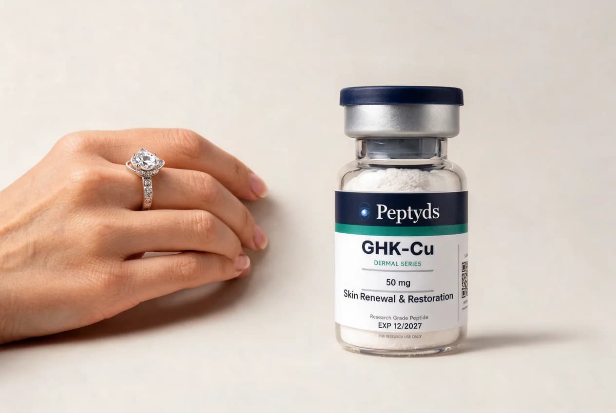 10 mg vial lyophilised vial of GHK-Cu, ISO/IEC 17025 lab-verified, Peptyds packaging