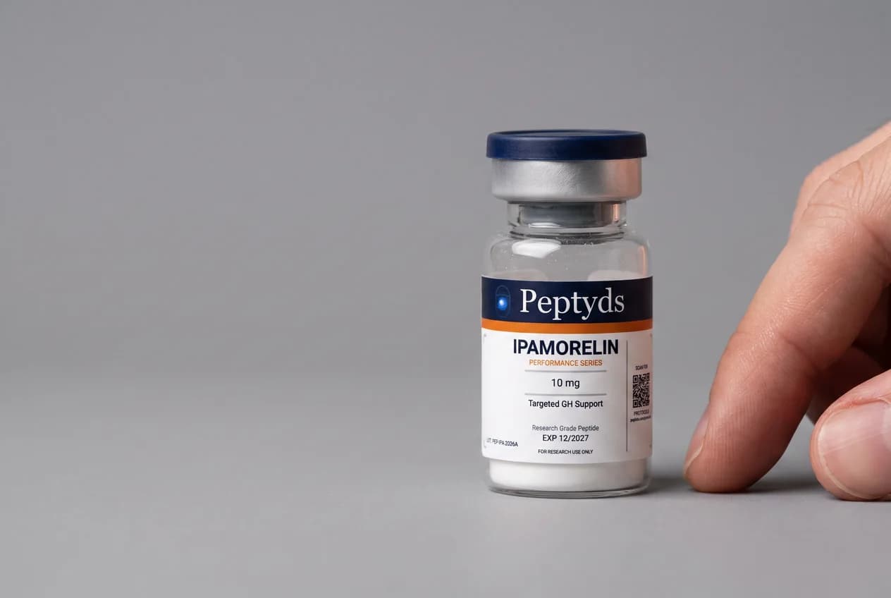 5 mg vial lyophilised vial of Ipamorelin, ISO/IEC 17025 lab-verified, Peptyds packaging