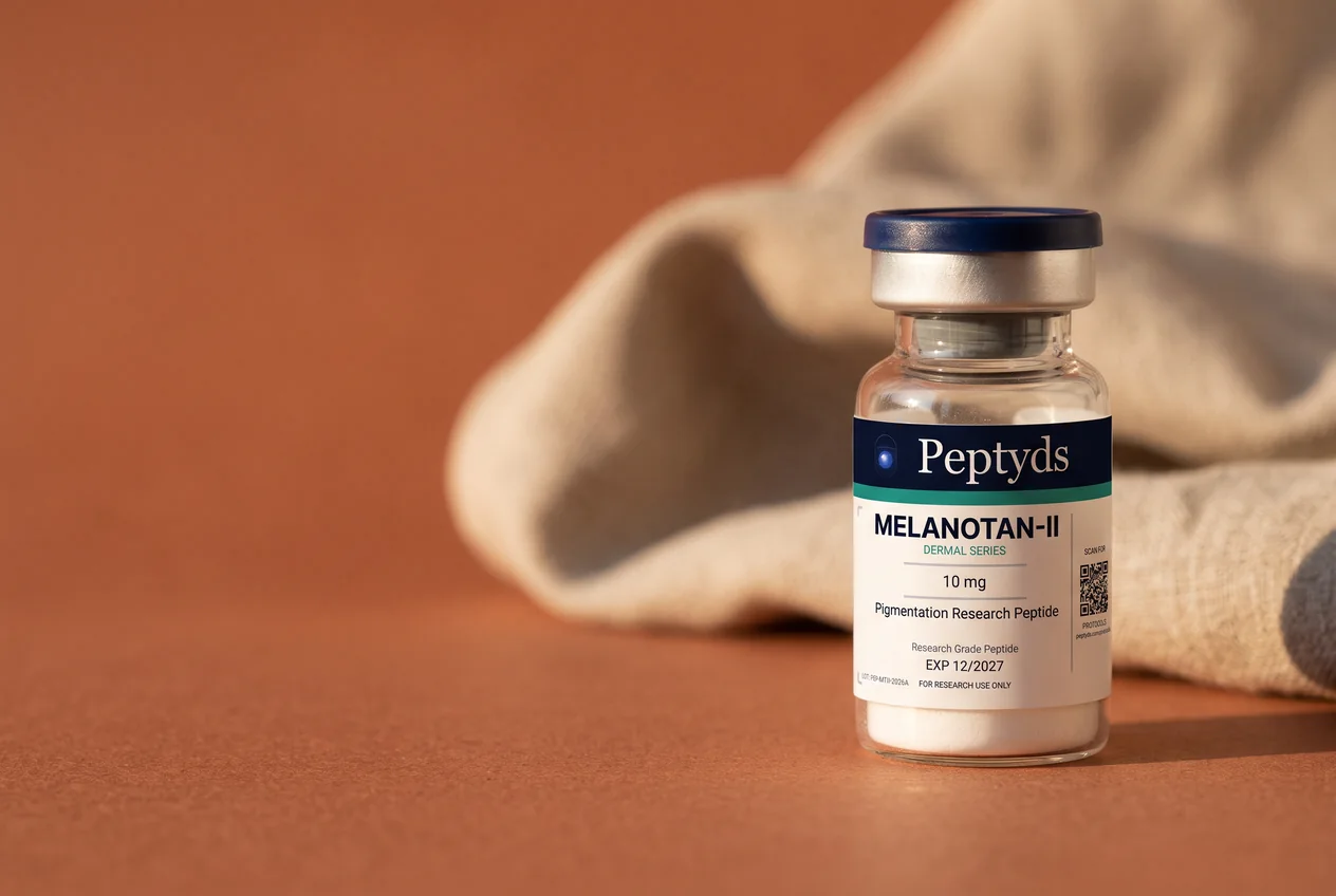 10 mg vial lyophilised vial of Melanotan II, ISO/IEC 17025 lab-verified, research-use-only, Peptyds packaging
