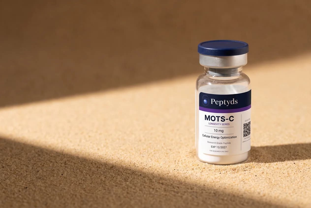 10 mg vial lyophilised vial of MOTS-c, ISO/IEC 17025 lab-verified, Peptyds packaging