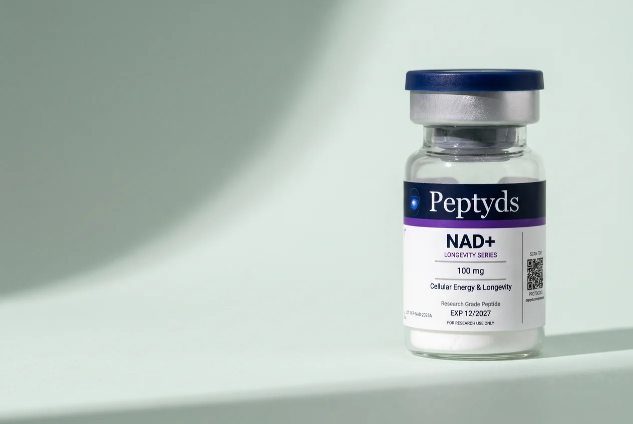 100 mg vial lyophilised vial of NAD+, ISO/IEC 17025 lab-verified, Peptyds packaging