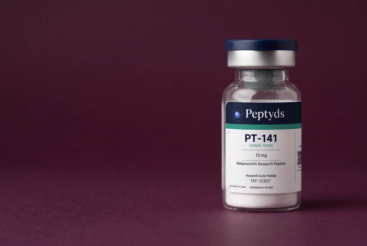 10 mg vial lyophilised vial of PT-141, ISO/IEC 17025 lab-verified, research-use-only, Peptyds packaging