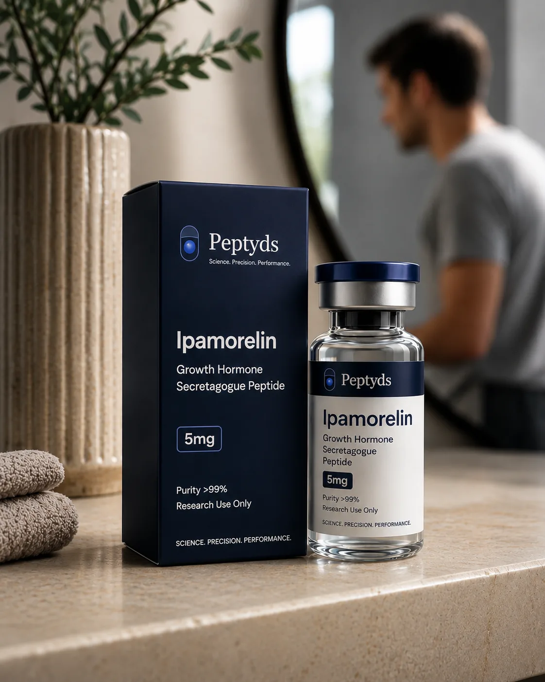 Ipamorelin Peptyds box and 5 mg vial on a bathroom counter, person in soft focus in the mirror behind