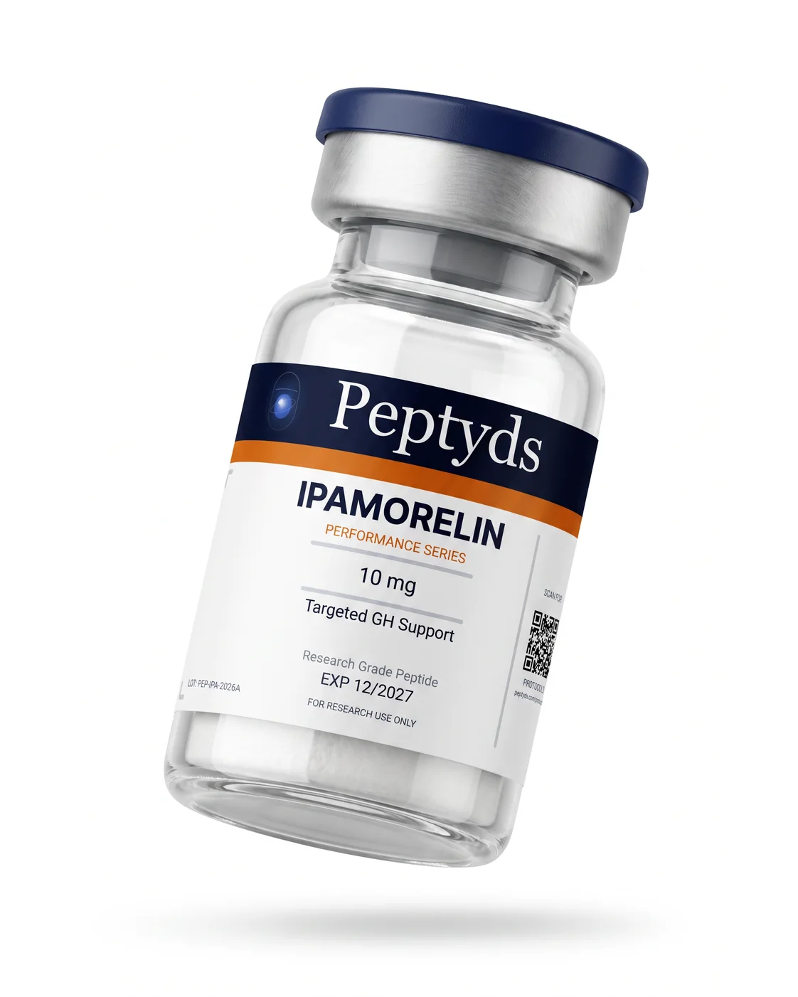 5 mg vial lyophilised vial of Ipamorelin, ISO/IEC 17025 lab-verified, Peptyds packaging