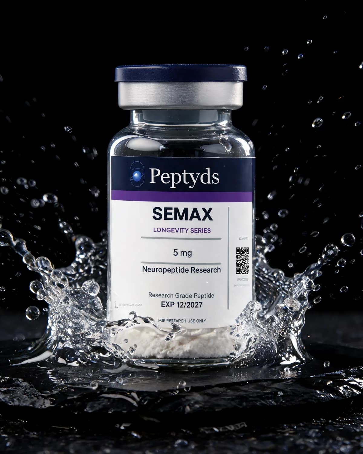 5 mg vial lyophilised vial of Semax, ISO/IEC 17025 lab-verified, Peptyds packaging