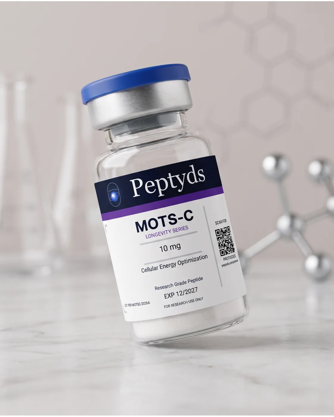 10 mg vial lyophilised vial of MOTS-c, ISO/IEC 17025 lab-verified, Peptyds packaging