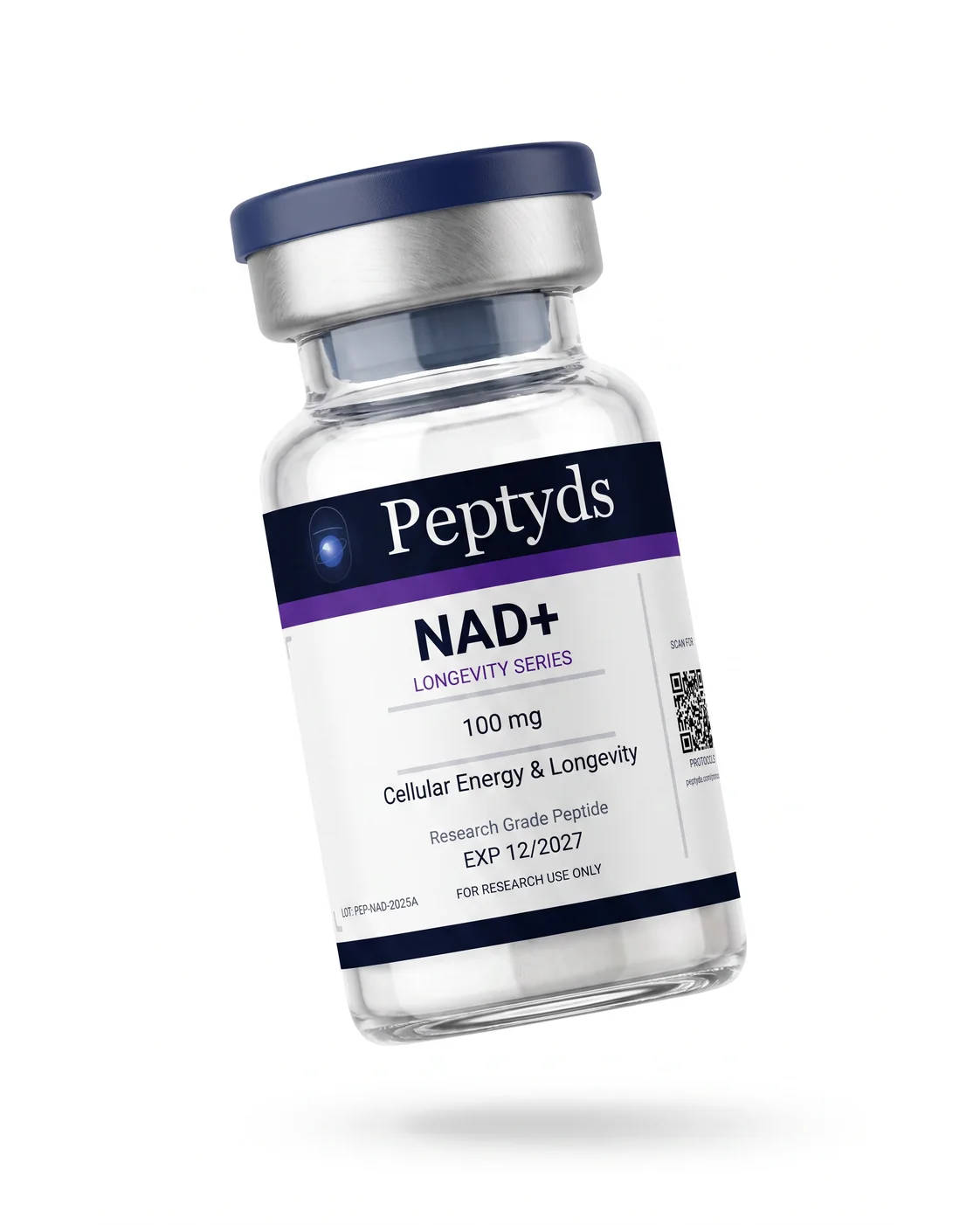 100 mg vial lyophilised vial of NAD+, ISO/IEC 17025 lab-verified, Peptyds packaging