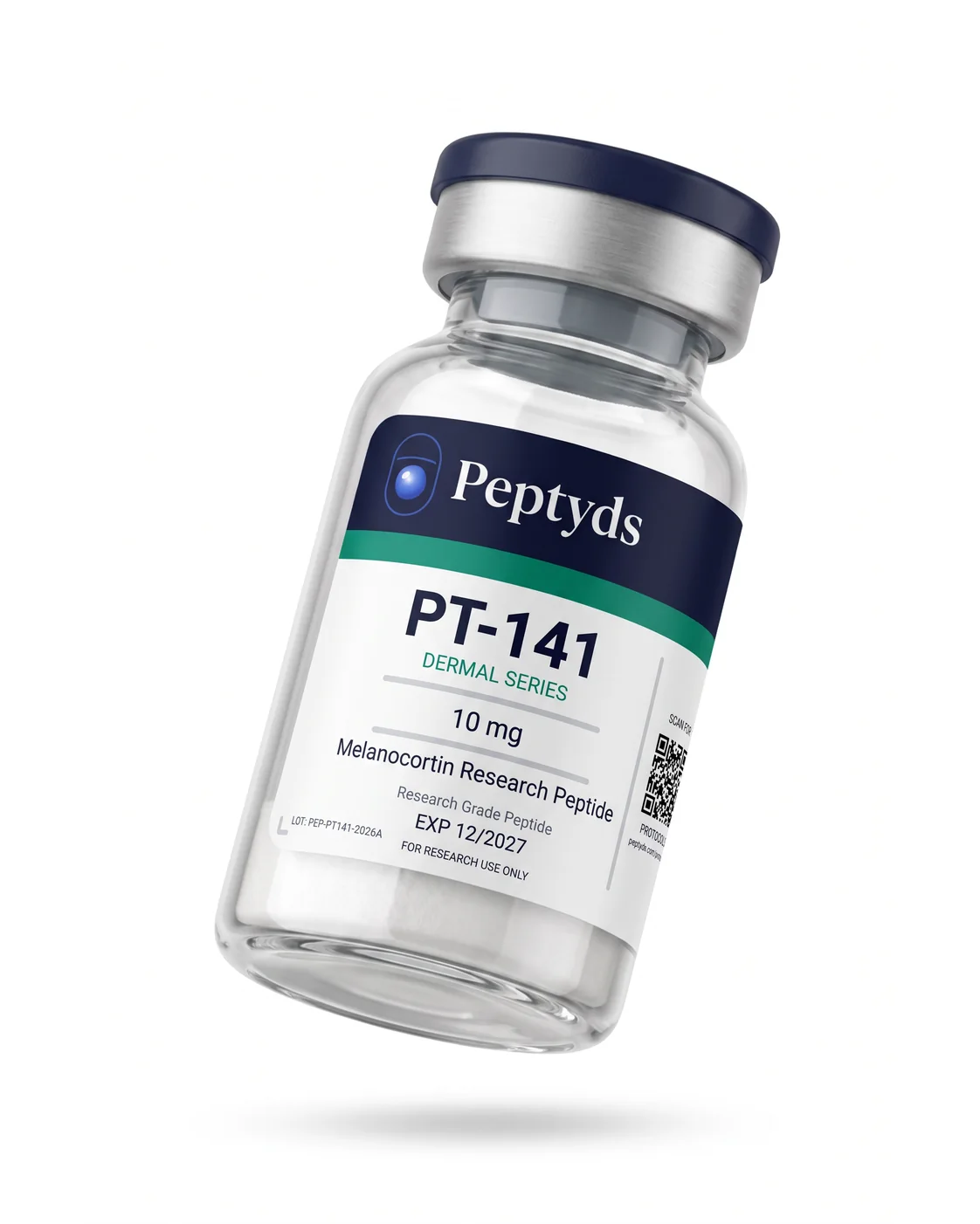 10 mg vial lyophilised vial of PT-141, ISO/IEC 17025 lab-verified, research-use-only, Peptyds packaging