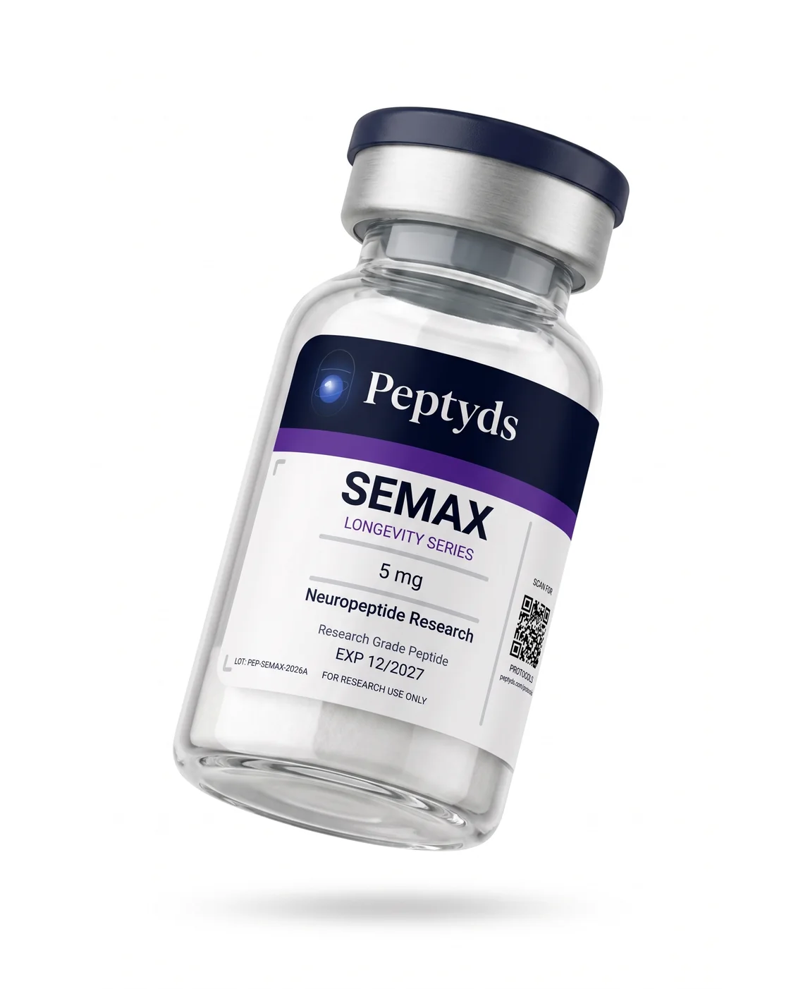 5 mg vial lyophilised vial of Semax, ISO/IEC 17025 lab-verified, Peptyds packaging