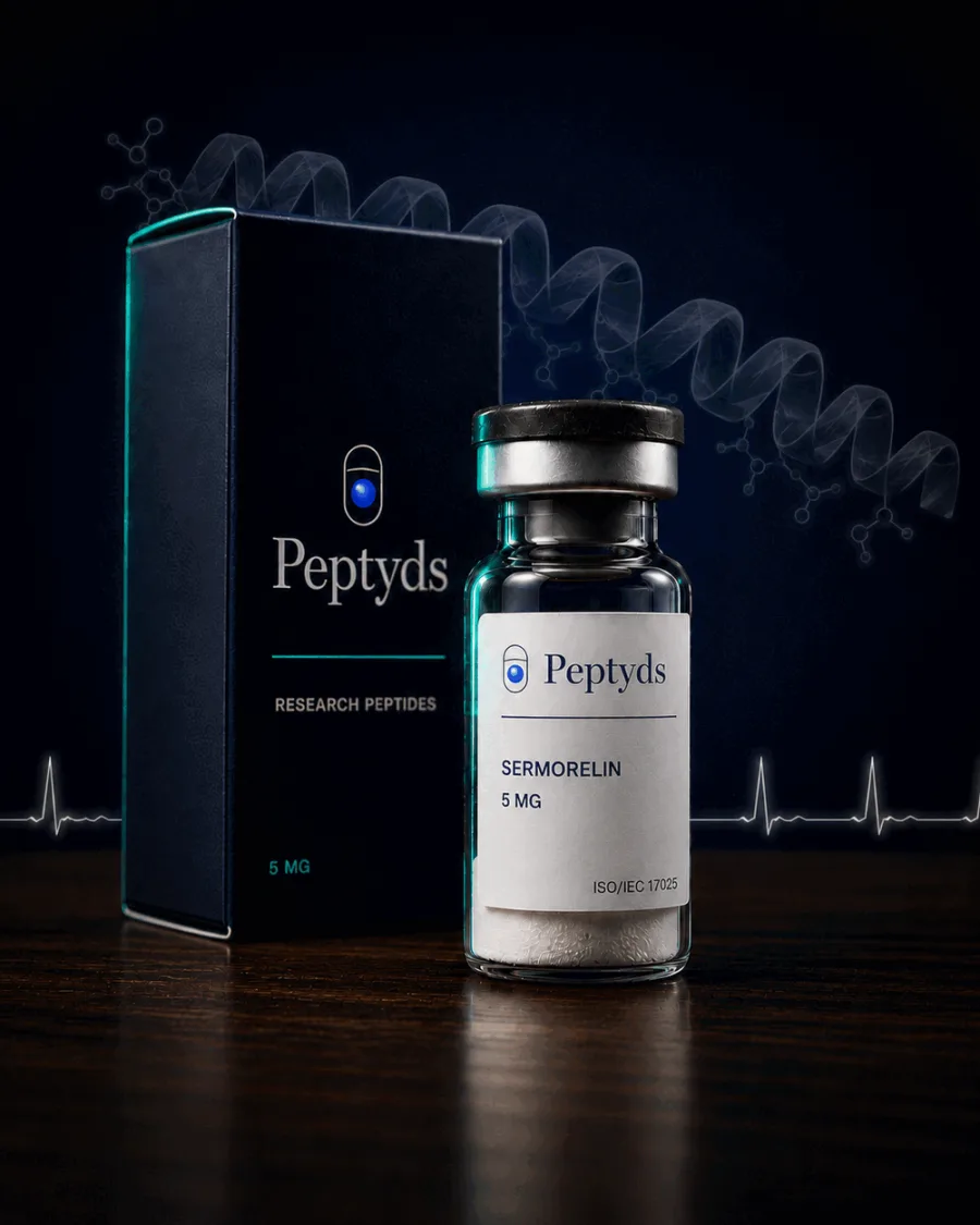 5 mg vial lyophilised vial of Sermorelin, ISO/IEC 17025 lab-verified, Peptyds packaging