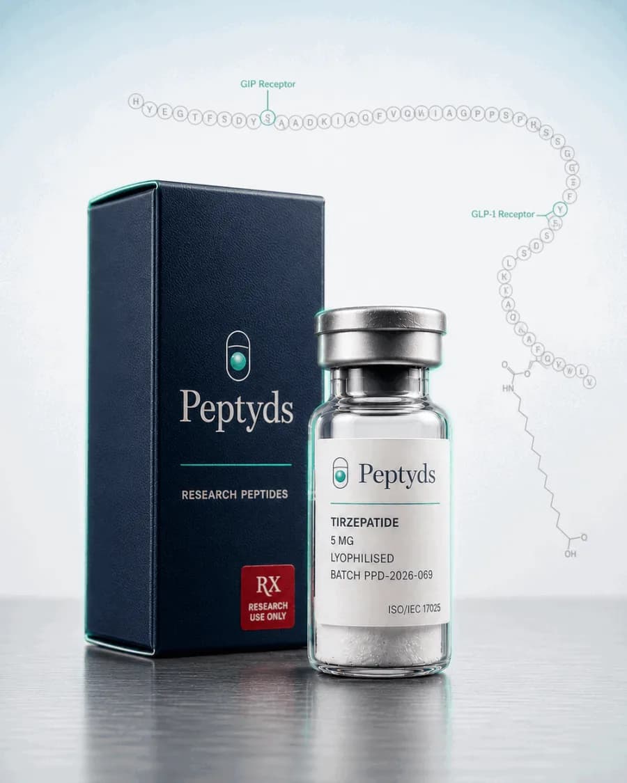 10 mg vial lyophilised vial of Tirzepatide, ISO/IEC 17025 lab-verified, research-use-only, Peptyds packaging
